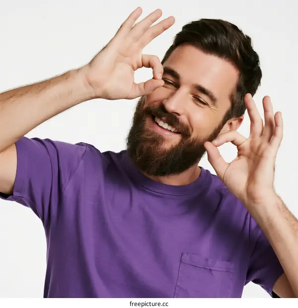A man with beard making ok gesture with both hands