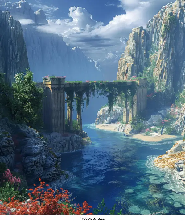 Fantasy landscape of a mountain valley with a small bridge over a river