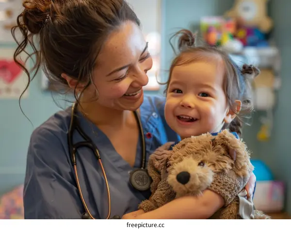 Toddler girl smiling with female doctor or nurse
