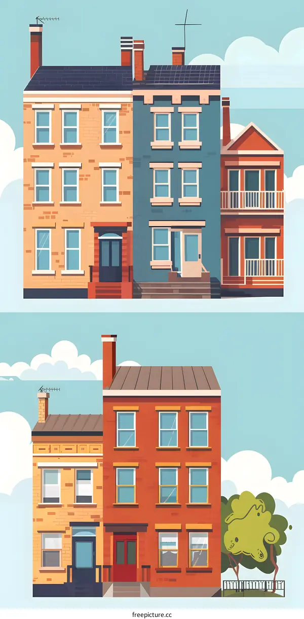 Colorful Cartoon Illustration of Houses with Chimneys