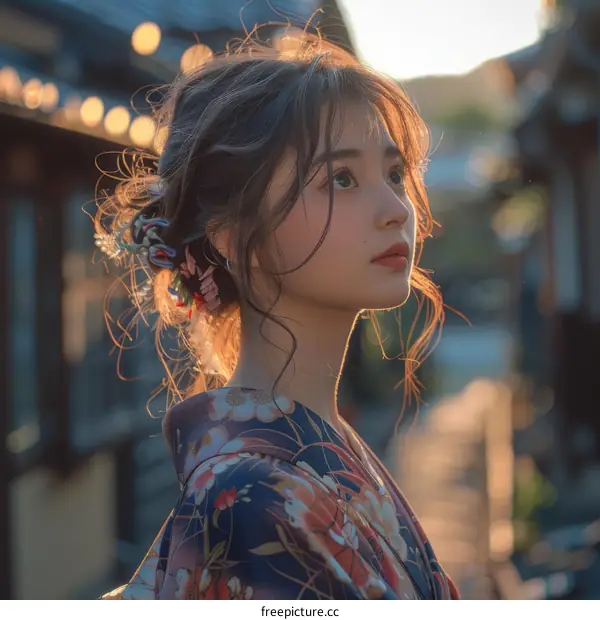 Young Asian Woman in Kimono Standing in Traditional Japanese Street