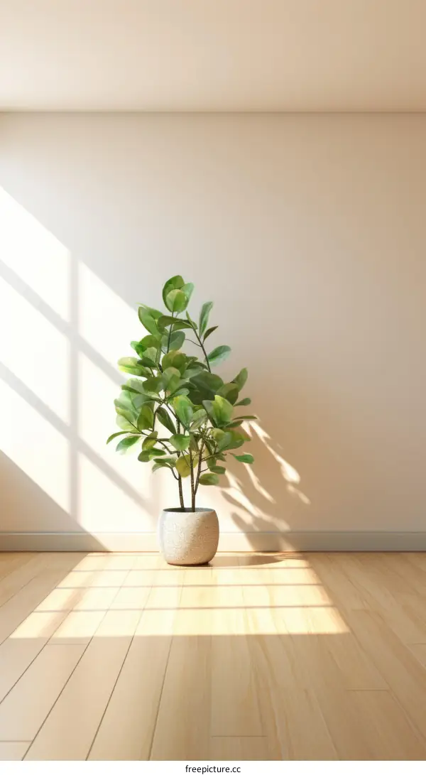 Sunlight shining through a window onto a potted plant in an empty room
