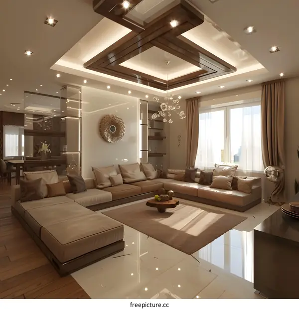 Modern Living Room Interior Design With Wooden Ceiling And Large Sofa