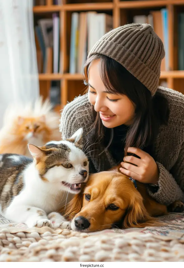 A young woman is lying on the floor with a cat and a dog.