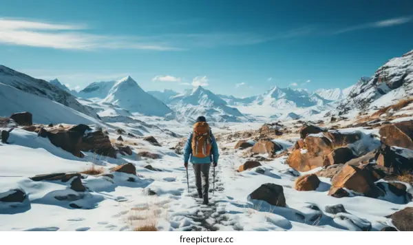 A lone hiker traverses a snowy mountain landscape with rugged snow-covered peaks in the distance
