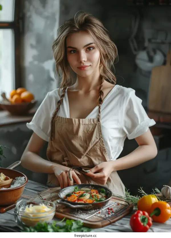 Smiling Young Woman Cooking in Kitchen