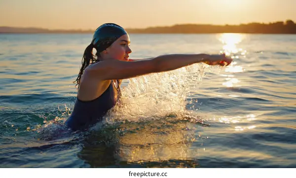 Sunset Swimming Girl in the Water