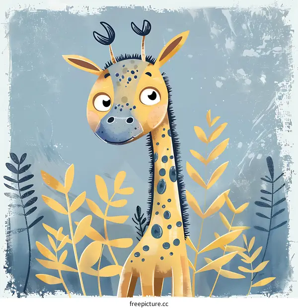 Cute Cartoon Giraffe Illustration With Blue Background