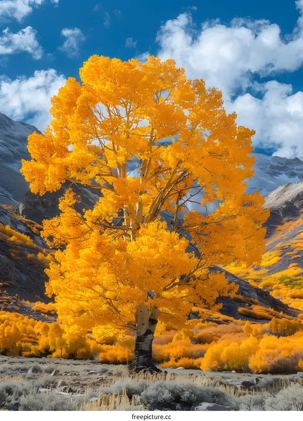 colorful autumn tree with mountains in the background