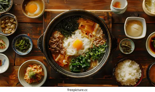 A delicious Japanese dish with beef, vegetables and a raw egg on top