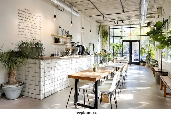 Bright and airy cafe interior design with plenty of plants