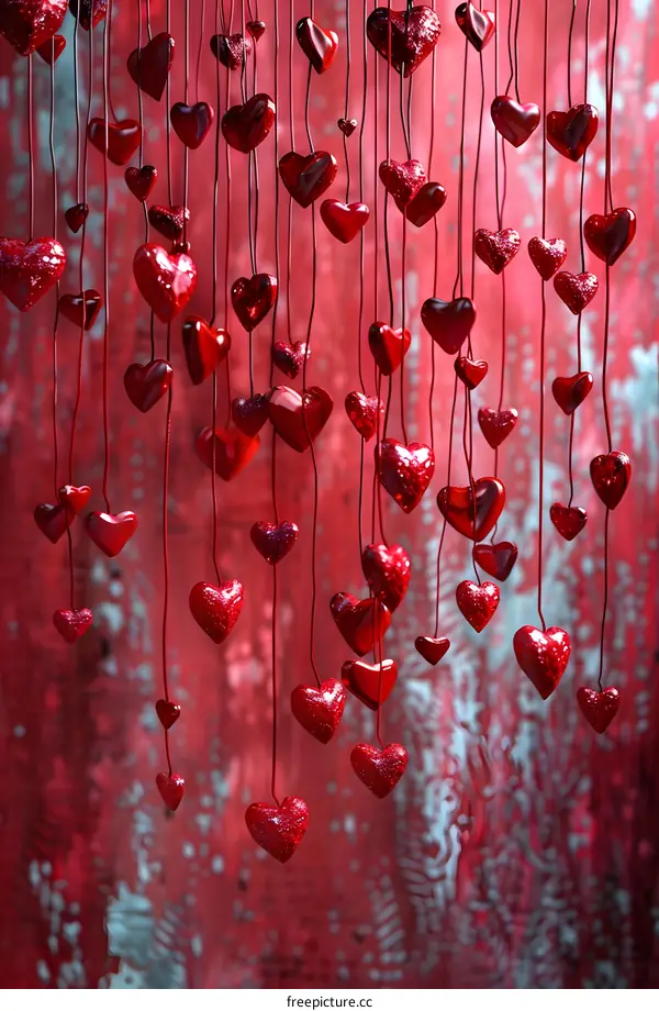 Red heart-shaped ornaments hanging from red wires against a red patterned background
