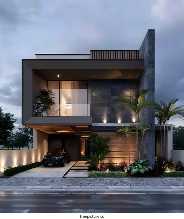 Modern House with Stone Facade and Palm Trees