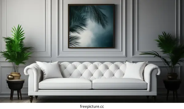 White Sofa in White Room with Blue Palm Tree Painting
