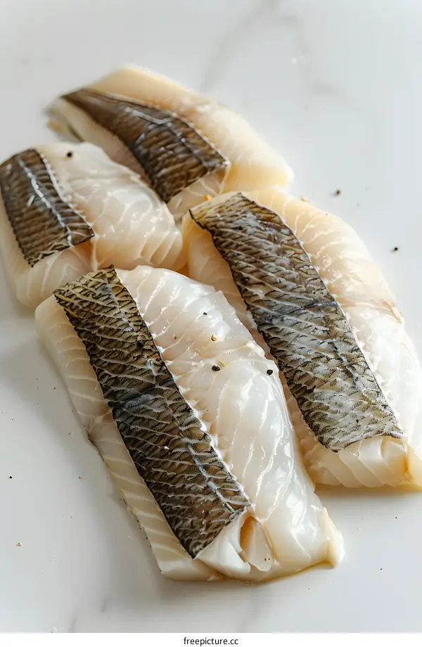 Four pieces of raw white fish fillet with black skin