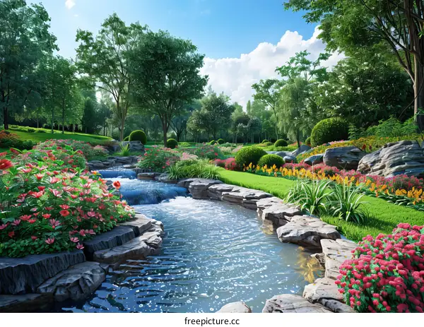 Colorful Flowers and a Small River in a Tranquil Park