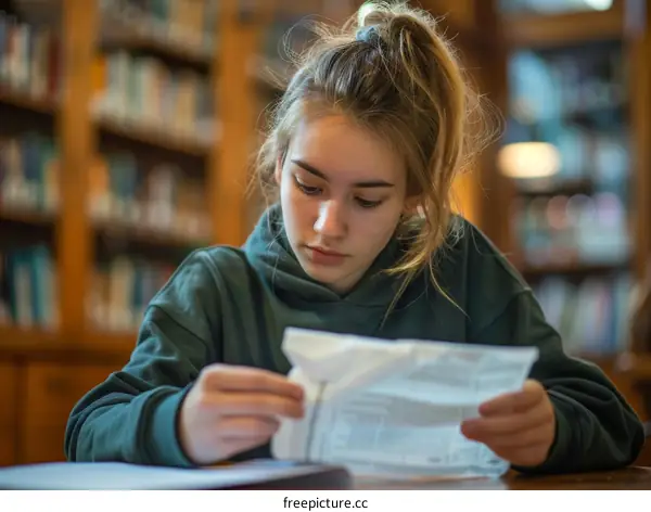Teenage girl reading a letter in the library