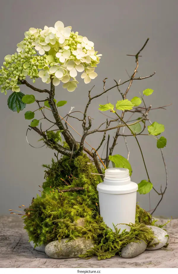 White Bottle With Green Moss And Flowers