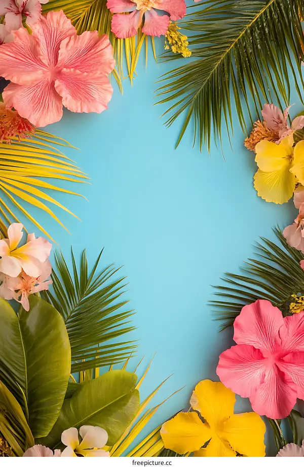 Tropical Floral Frame on Blue Background