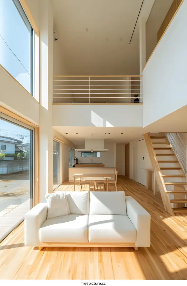 Modern Minimalist Living Room Interior Design with White Sofa and Wooden Floor