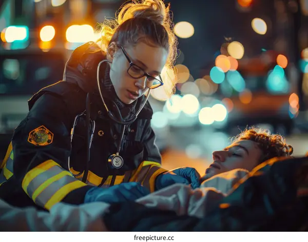 A firefighter and paramedic checking on an injured person at night
