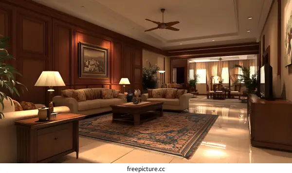 Luxury Living Room Interior Design With Wooden Paneling And  Ceiling Fan