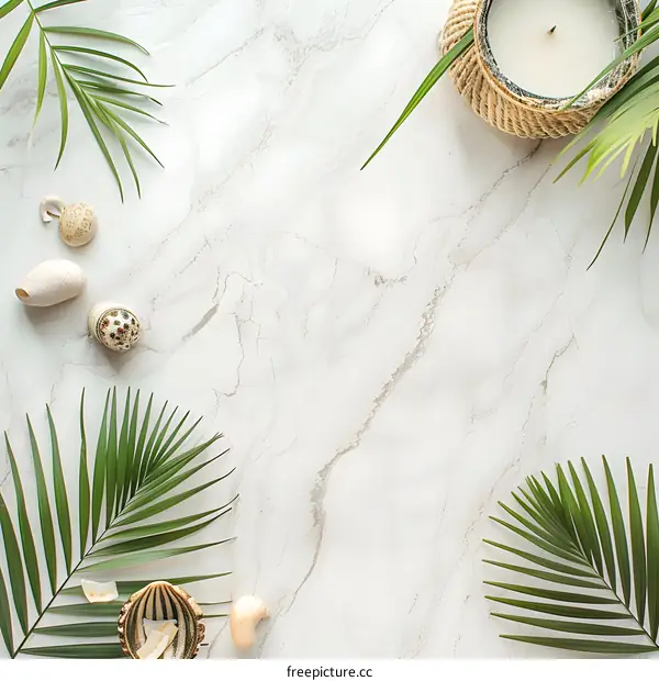 Palm Leaves and Shells on Marble Background
