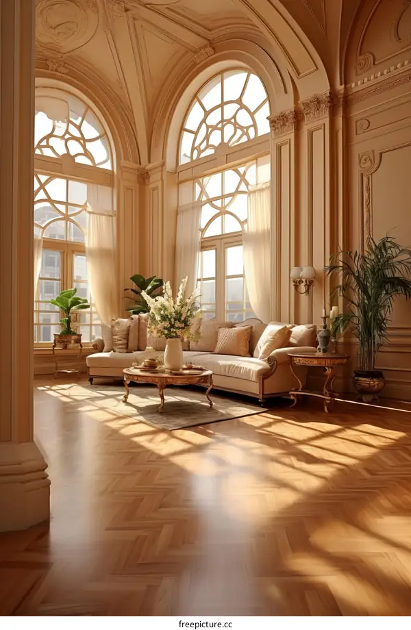 Elegant living room interior with large windows and parquet floor