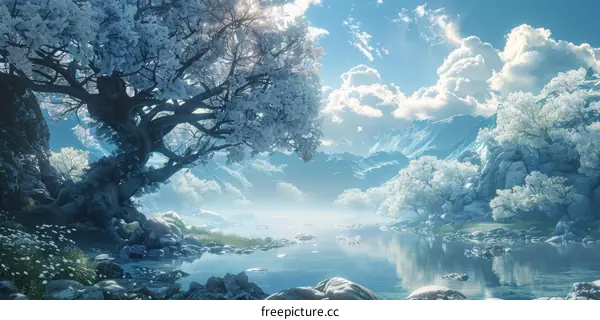 Fantasy Landscape with Majestic Tree and Mountains