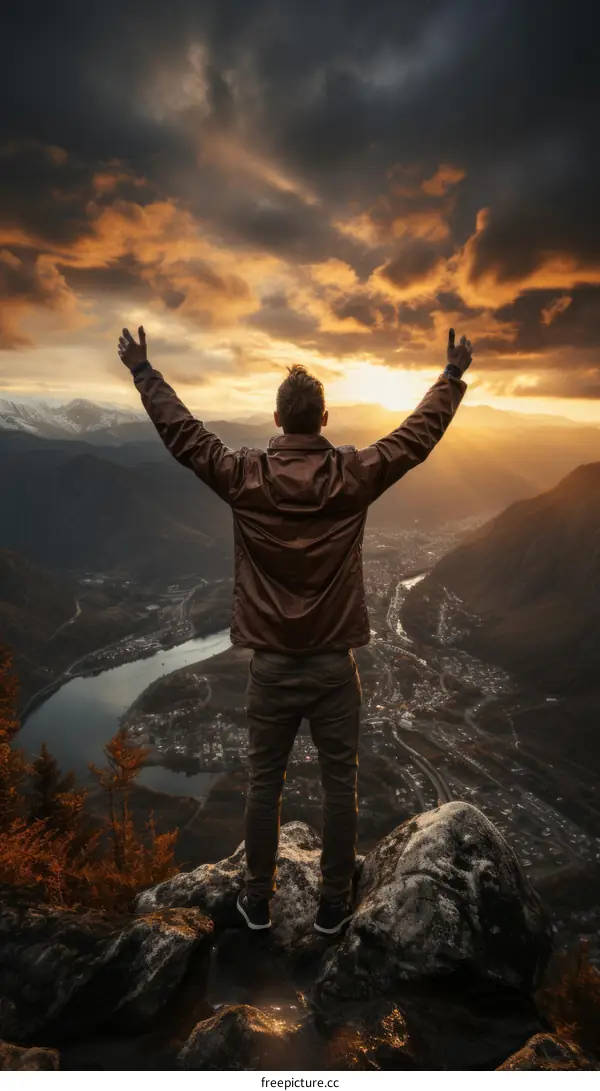 man standing on a mountaintop with his arms raised in the air