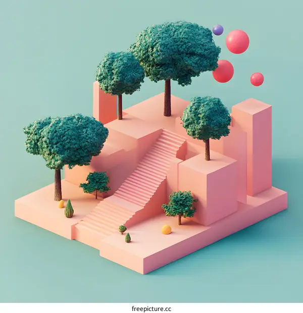 Low Poly 3D Illustration of a Pink City with Green Trees and Stairs