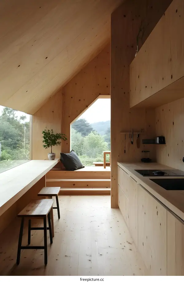 Wooden Cabin Kitchen Interior Design with Large Window