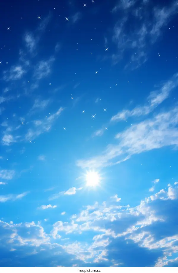 Blue sky with white clouds and shining sun