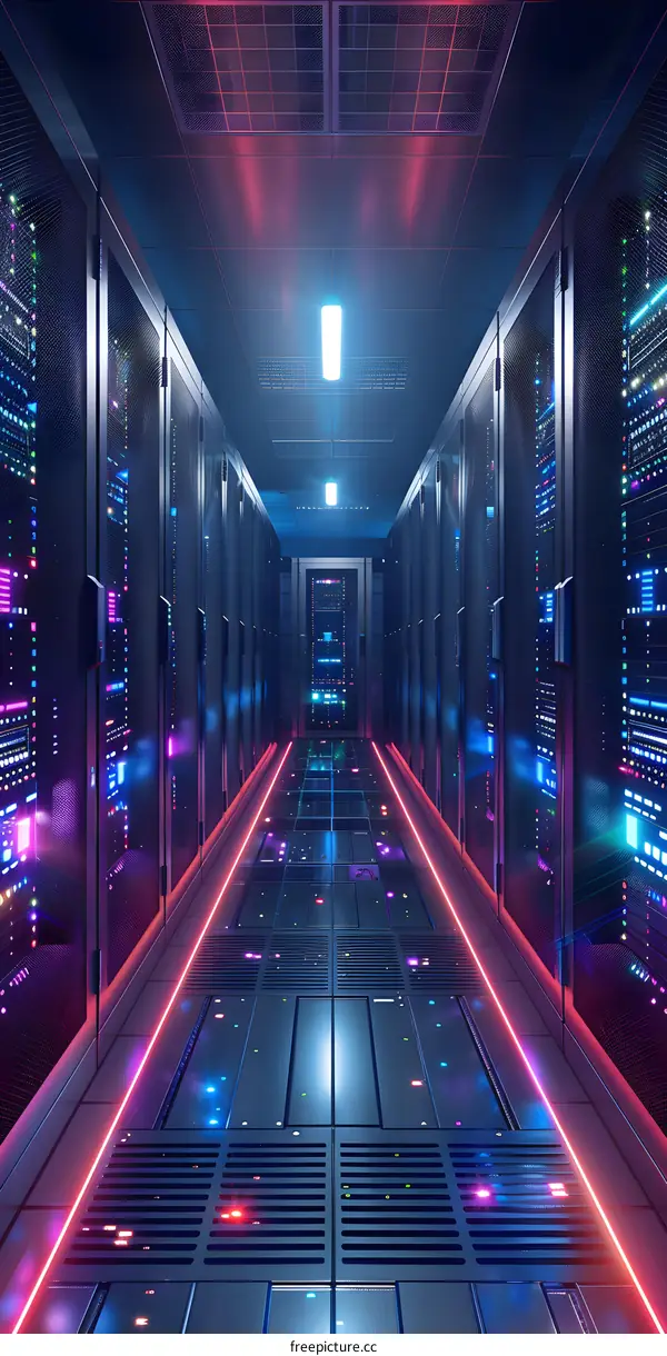 Futuristic server room with colorful lights