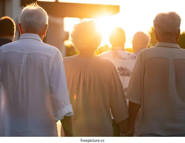 Group of Elderly People Walking Together at Sunset