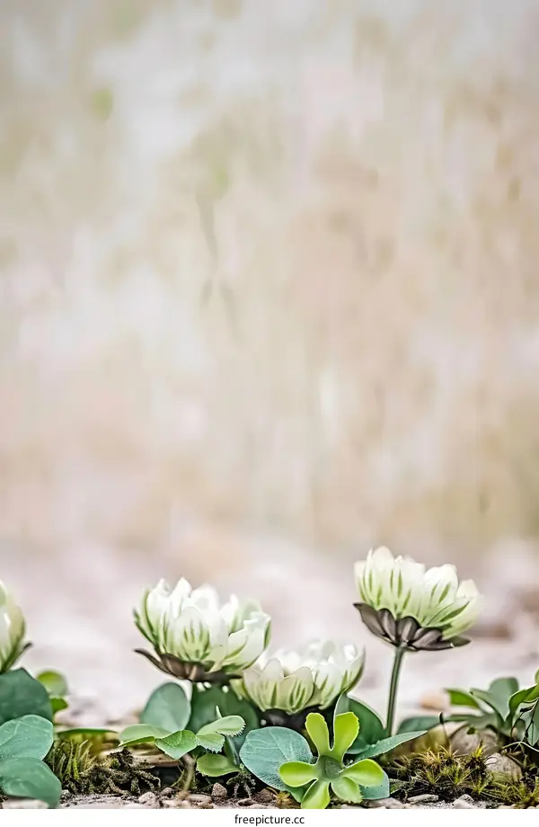 White Clover Flowers Blooming On Ground With Soft Blurred Background