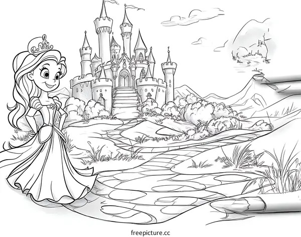 Princess Coloring Page with Castle and Landscape