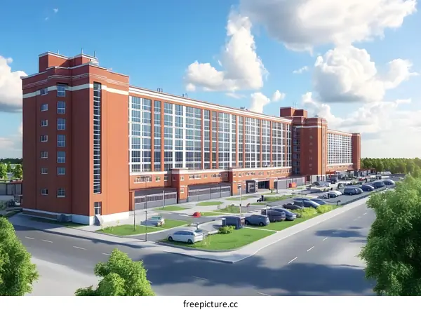 Modern Brick Building Exterior With Parking Lot