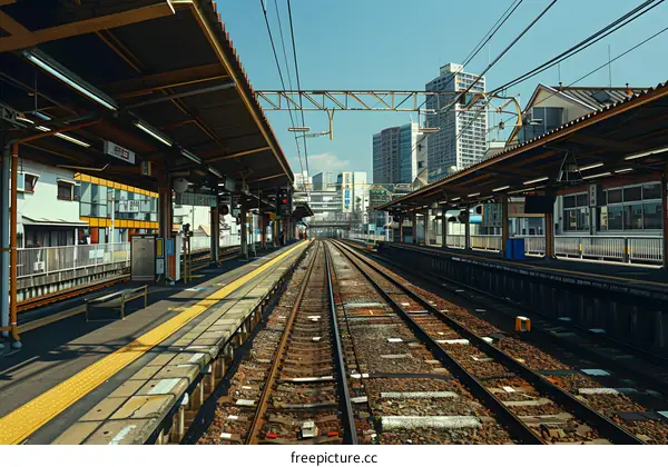 Empty Train Station Platform with Tracks and Buildings in the Background