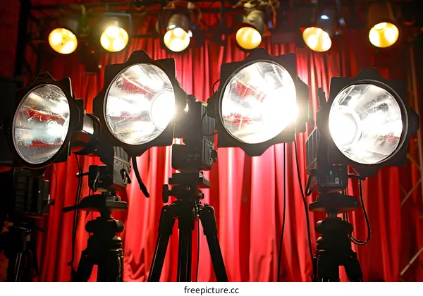 Stage Lights with Red Curtain Behind