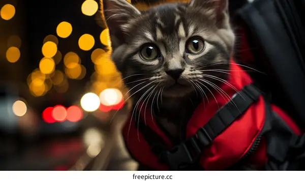 A Cute Kitten Sitting in a Backpack on Night Adventure