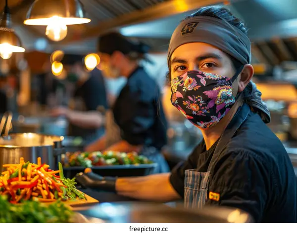 Portrait of a Hispanic male chef wearing a mask