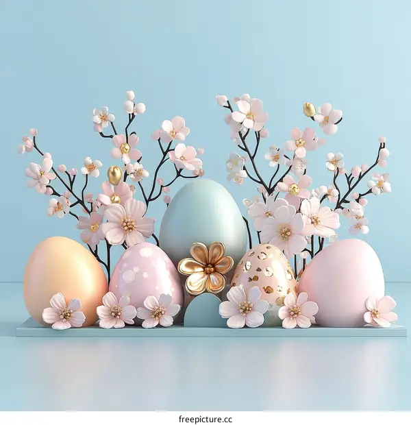 Easter Eggs Decorated with Cherry Blossom Flowers