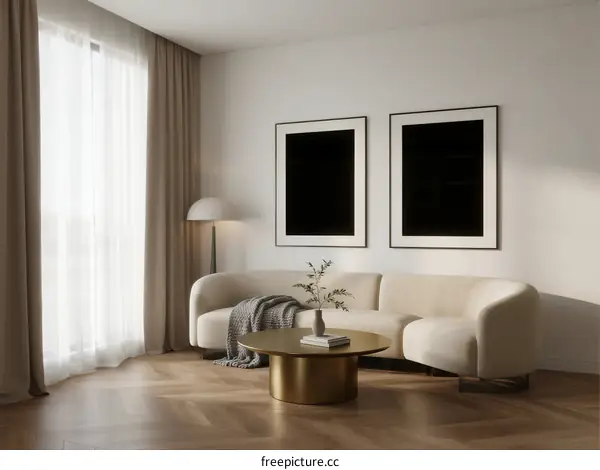 Modern living room with white sofa and wooden floor