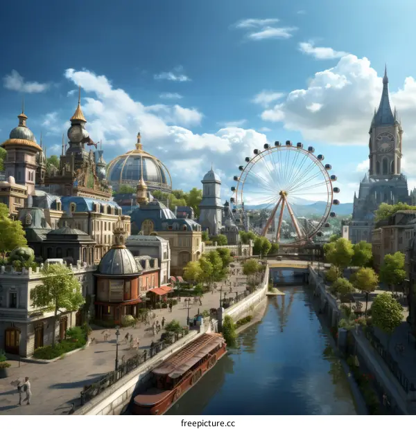 A beautiful cityscape with a river, a Ferris wheel, and many people walking around