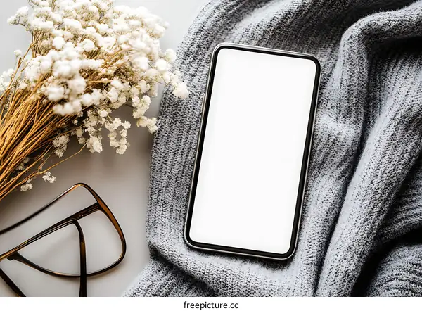Blank Screen Smartphone with Knit Blanket and Dry Flowers