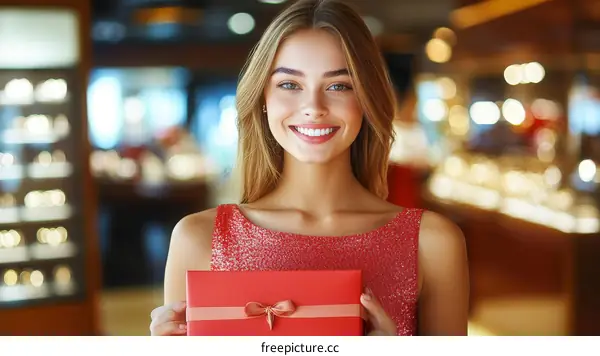 Happy Woman Holding a Red Gift Box in Jewelry Shop