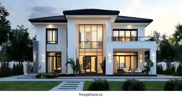 Modern White House with Large Windows and Balcony