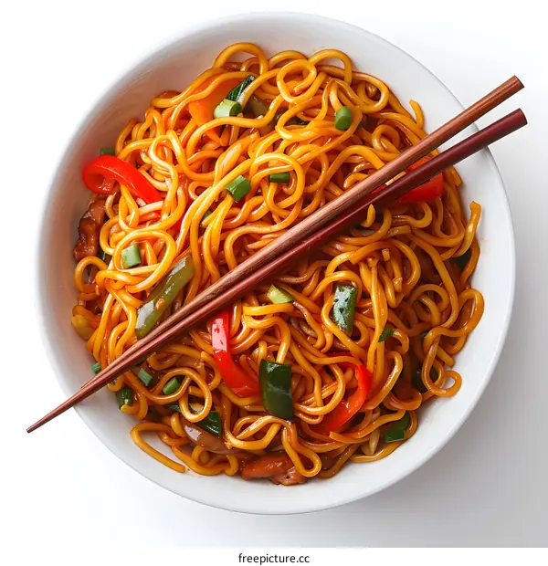Noodles with vegetables and chopsticks in white bowl