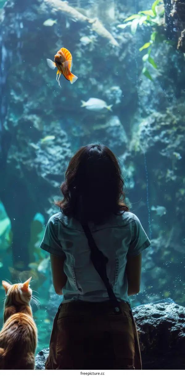 A woman and a cat looking at an aquarium